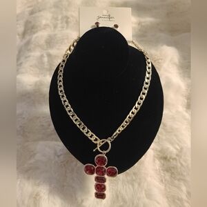 Gold-tone Chain Necklace with Red Gem Cross Pendant - Women Jewelry